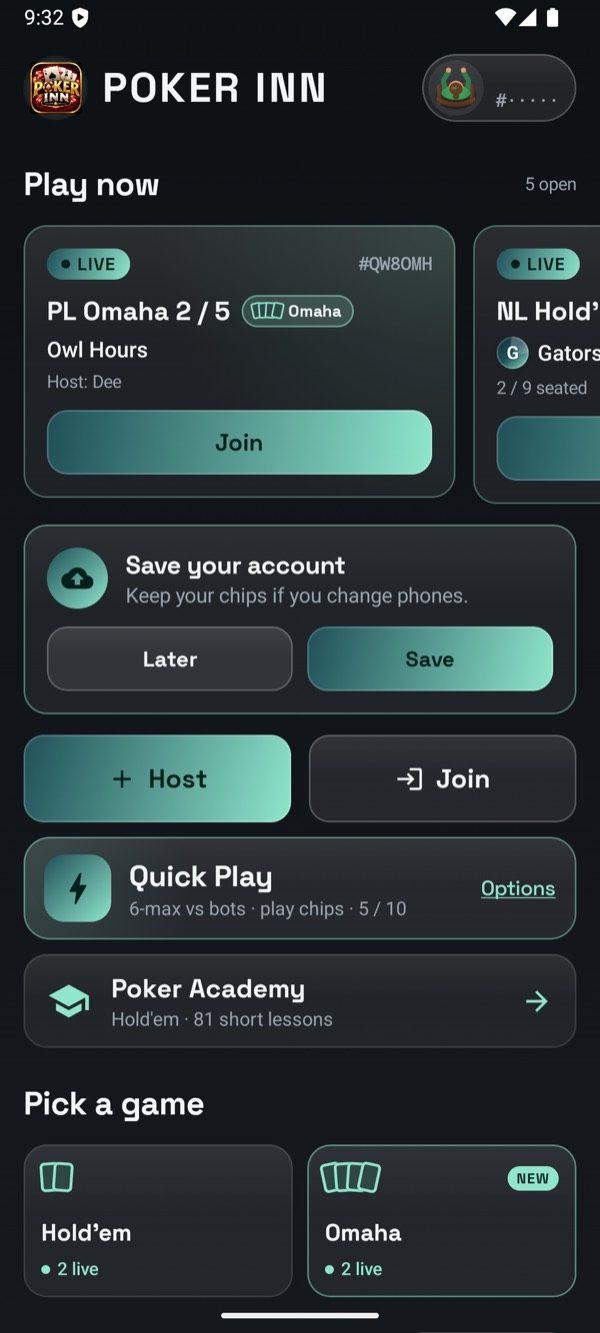 The Poker Inn home screen: live tables to join with game badges, Host and Join, Quick Play against bots, the Poker Academy, and a Pick a game row with Hold'em and Omaha
